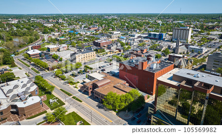 Downtown parking lots, businesses, buildings, housing, churches, architecture aerial 105569982