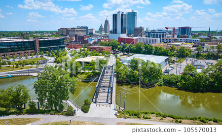 Aerial Downtown Fort Wayne Wells Street Bridge with walking path to Promenade Park Aerial Downtown Fort Wayne Wells Street Bridge with walking path to Promenade Park 105570013