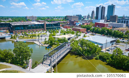 Aerial Wells Street Bridge crossing river into Promenade Park with downtown in background 105570061