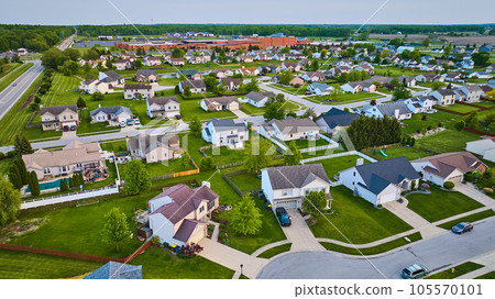 Suburban homes neighborhood aerial HOA two-story and one-story houses landscaping house with pool Suburban homes neighborhood aerial HOA two-story and one-story houses landscaping house with pool 105570101