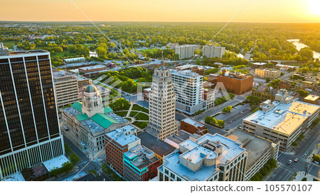 Downtown city architecture aerial Fort Wayne courthouse Indiana USA downtown sunrise landscape Downtown city architecture aerial Fort Wayne courthouse Indiana USA downtown sunrise landscape 105570107