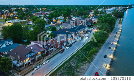 Neighborhood large city nighttime night lights illuminated aerial 105570118