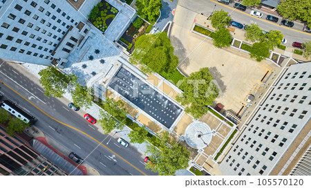 Aerial unique fountain with words like reason and honor plus compassion and peace 105570120