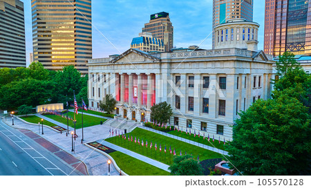 Capital Square Foundation Columbus Ohio with flags on green lawn at sunrise aerial Capital Square Foundation Columbus Ohio with flags on green lawn at sunrise aerial 105570128