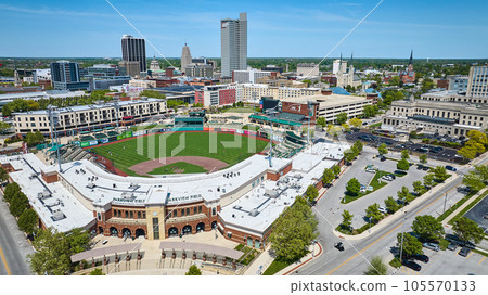 City of Churches Fort Wayne IN steeples skyscraper skyline architecture aerial over Parkview Field 105570133