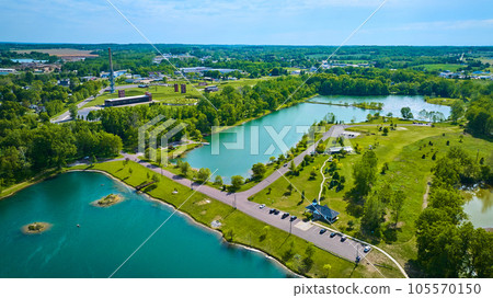 Wonderfully blue ponds with aerial view of Ariel Foundation Park trails and structures Wonderfully blue ponds with aerial view of Ariel Foundation Park trails and structures 105570150
