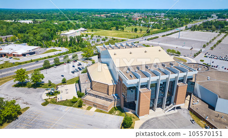 Aerial roof and side view of the Allen County War Memorial Coliseum and distant PFW campus and hotel Aerial roof and side view of the Allen County War Memorial Coliseum and distant PFW campus and hotel 105570151