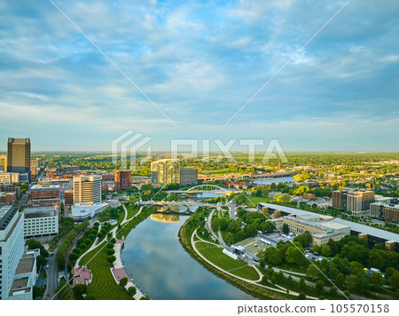 Aerial Columbus Ohio city view with winding Scioto River 105570158