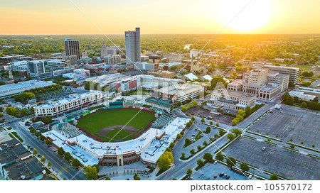 Golden glow sunrise over downtown Fort Wayne aerial Parkview Field Golden glow sunrise over downtown Fort Wayne aerial Parkview Field 105570172