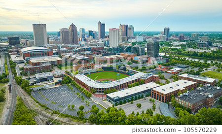 Huntington Park baseball stadium with Columbus Ohio skyscrapers skyline aerial 105570229