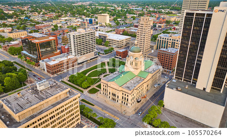 Aerial downtown Fort Wayne backside of courthouse in summer and PNC building wide shot 105570264