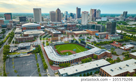 Huntington Park stadium aerial with Columbus Ohio skyscraper skyline Huntington Park stadium aerial with Columbus Ohio skyscraper skyline 105570266