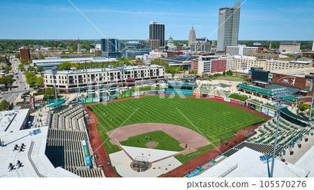Baseball game at Parkview Field Tin Caps Stadium downtown Fort Wayne skyscraper skyline aerial Baseball game at Parkview Field Tin Caps Stadium downtown Fort Wayne skyscraper skyline aerial 105570276