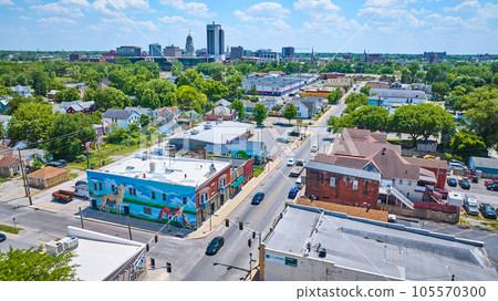 Wells Street downtown Fort Wayne fox and wolf mural on side of building aerial 105570300