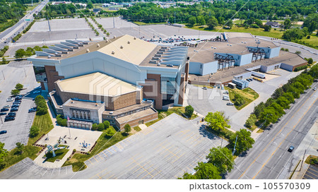 Aerial Allen County War Memorial Coliseum full building under bright summer sun 105570309