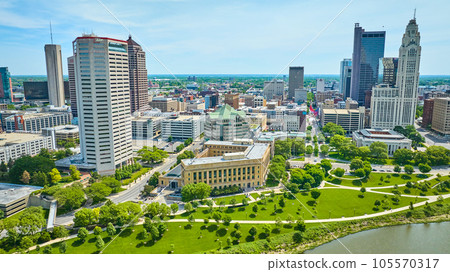 Downtown Columbus Ohio AEP to LeVeque Tower aerial shot 105570317