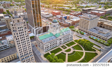 Fort Wayne Allen County courthouse at sunrise in summer aerial with other city buildings 105570334