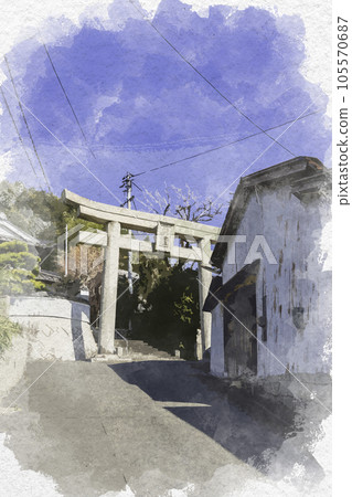 Watercolor-style Hachiman Shrine torii gate, Kurashiki City, Okayama Prefecture 105570687