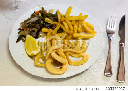 National dish of Spanish cuisine is Calamares a la romana National dish of Spanish cuisine is Calamares a la romana 105570937