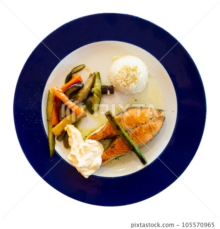 Nice serving of seared salmon with rice and vegetables on side Nice serving of seared salmon with rice and vegetables on side 105570965