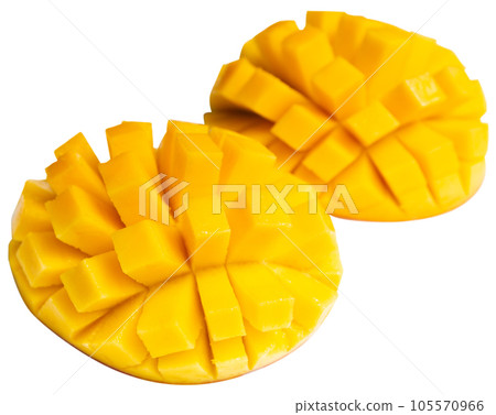 Deliciously served fresh mangoes diced and laid out on plate 105570966