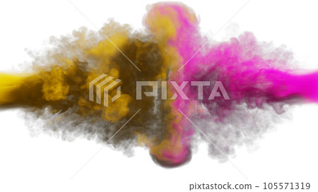 Puffs of orange and pink smoke collide against a white background. 3d illustration. Puffs of orange and pink smoke collide against a white background. 3d illustration. 105571319