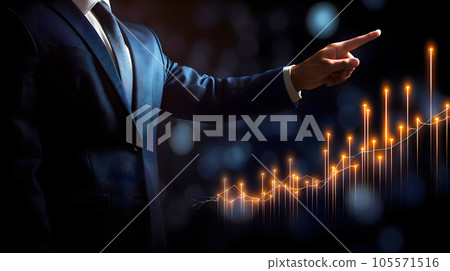Businessman hand pointing finger to growth success finance business chart of meta verse technology. Gaol achievement on economy marketing Concept. Generative Ai. 105571516