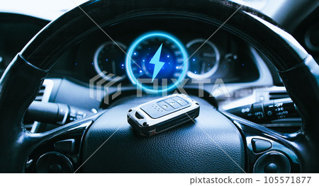 Battery charge indicator on car instrument panel, car keyless remote on steering wheel 105571877