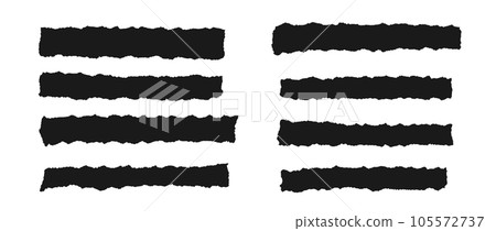 Torn thin and long pieces of paper set. Black paper strips with jagged edges. Ripped horizontal fragment collection. Textured grunge element bundle for collage, textbox, banner, sticker. Vector 105572737