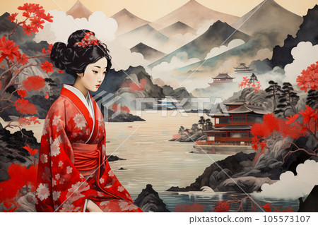 Chinese woman in a red kimono on the background of a mountain landscape 105573107