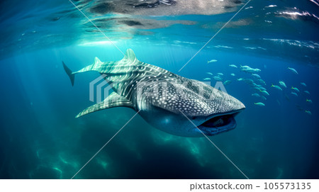 Whale shark swimming in the deep blue waters of the Pacific Ocean 105573135