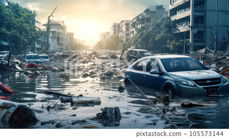 Car on the water in the city. Pollution of environment concept 105573144