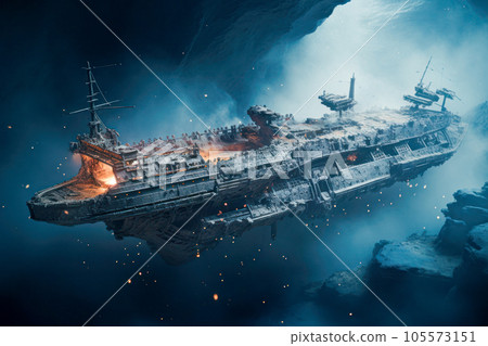 sunken futuristic ship at the bottom of the sea sunken futuristic ship at the bottom of the sea 105573151