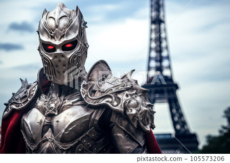Knight with Eiffel tower in background, Paris, France Knight with Eiffel tower in background, Paris, France 105573206