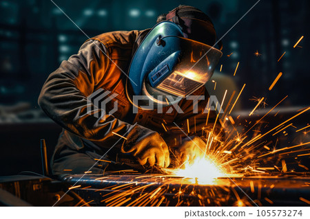 Industrial worker with protective mask welding metal in factory. Industrial background Industrial worker with protective mask welding metal in factory. Industrial background 105573274