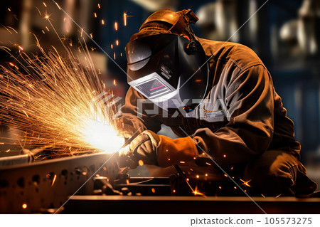 Industrial worker with protective mask welding metal in factory. Industrial background Industrial worker with protective mask welding metal in factory. Industrial background 105573275