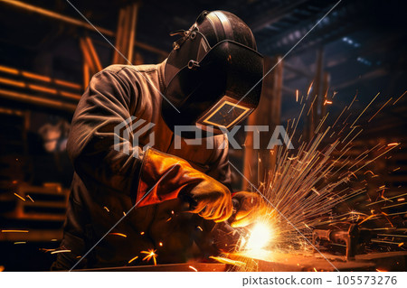 Industrial worker with protective mask welding metal in factory. Industrial background 105573276