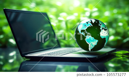 Laptop with green earth globe on nature background. Environment and ecology concept Laptop with green earth globe on nature background. Environment and ecology concept 105573277