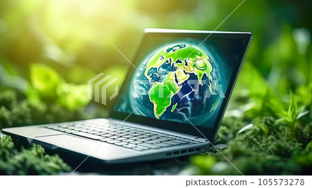 Laptop with green earth globe on nature background. Environment and ecology concept Laptop with green earth globe on nature background. Environment and ecology concept 105573278
