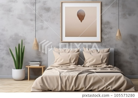 Minimalist bedroom interior with brown walls, concrete floor, comfortable king size bed with pink blanket and mock up poster Minimalist bedroom interior with brown walls, concrete floor, comfortable king size bed with pink blanket and mock up poster 105573280