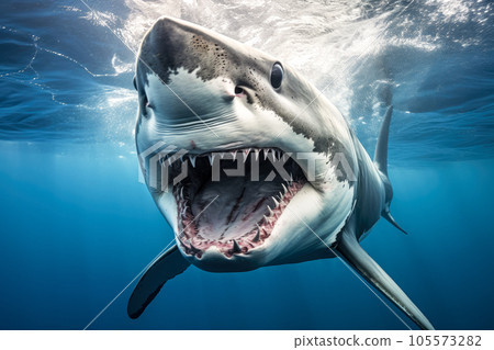 Great White Shark - Carcharodon carcharias - in blue water 105573282