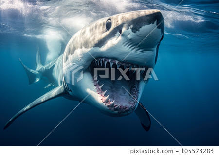 Great White Shark - Carcharodon carcharias - in blue water 105573283
