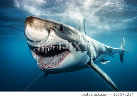 Great White Shark - Carcharodon carcharias - in blue water 105573284