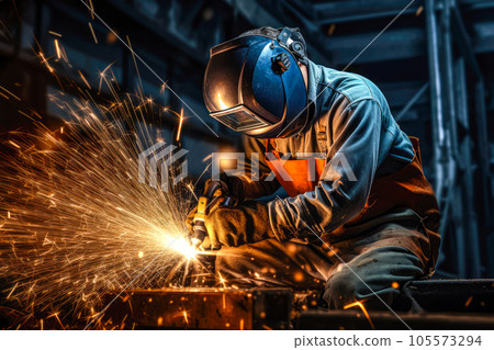 Industrial worker with protective mask welding metal in factory. Industrial background 105573294