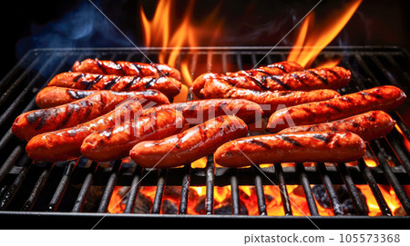 Grilling sausages on barbecue grill with flames, close up 105573368