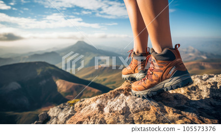 woman hiker legs on top of a mountain peak enjoying the view woman hiker legs on top of a mountain peak enjoying the view 105573376