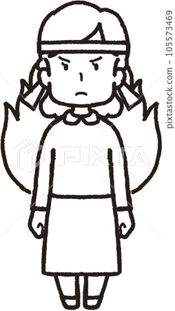 Full-body line drawing illustration of a woman with a flame behind her and a headband facing forward 105573469