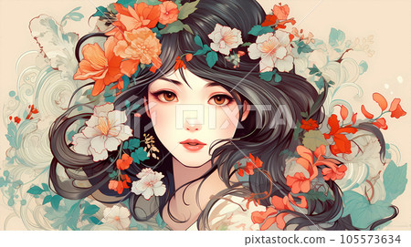 手绘卡通唯美的花丛中的中国女孩插画 105573634