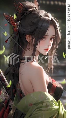 Hand-drawn cartoon beautiful illustration of japanese anime warrior girl in kimono Hand-drawn cartoon beautiful illustration of japanese anime warrior girl in kimono 105573648