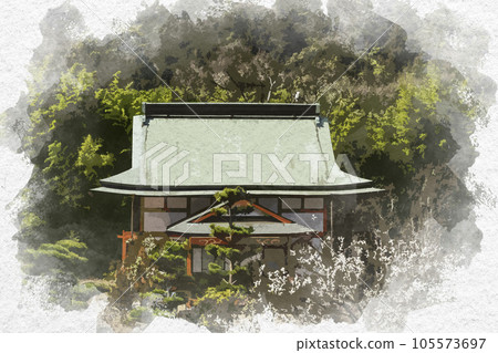 水彩風格的明院寺院,岡山縣淺口市 水彩風格的明院寺院,岡山縣淺口市 105573697